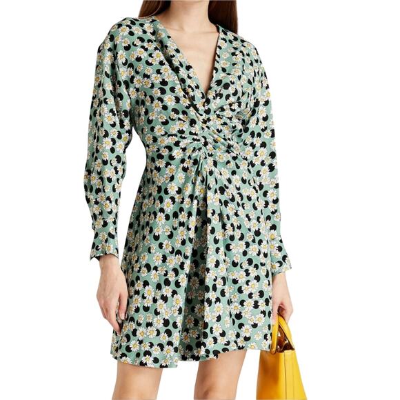 Sandro Angele Ruched Printed Linen-blend Mini Dress in Sage, 40 - Picture 1 of 10